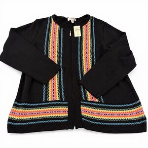 Coldwater Creek Cardigan Sweater Women 2X Black Embroidered Boho Striped NWT